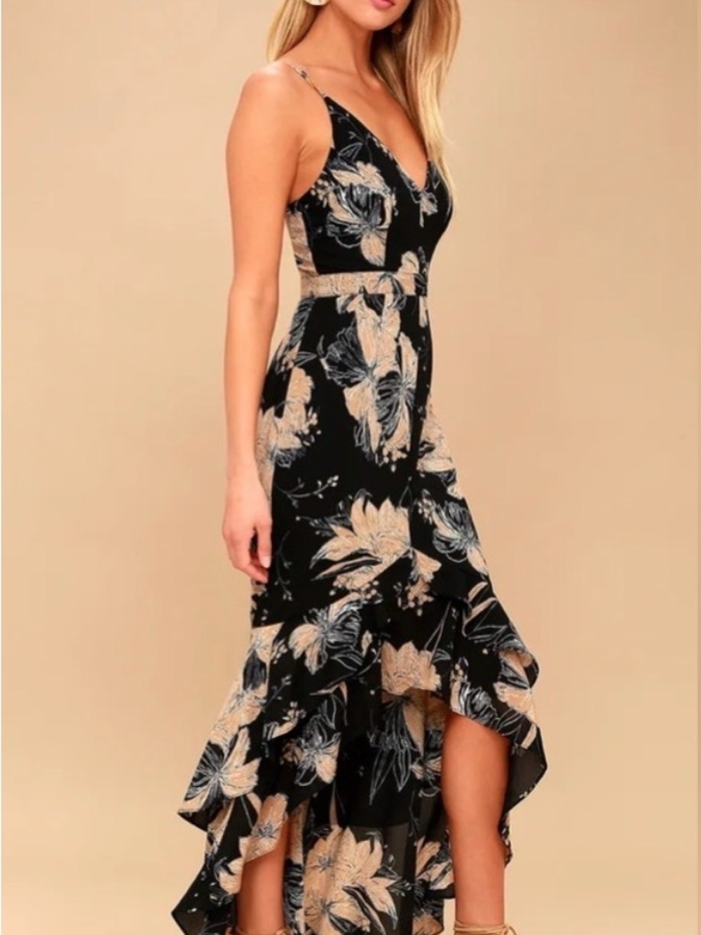 Lulus Darling Daylily Black Floral Print High-Low Maxi Dress